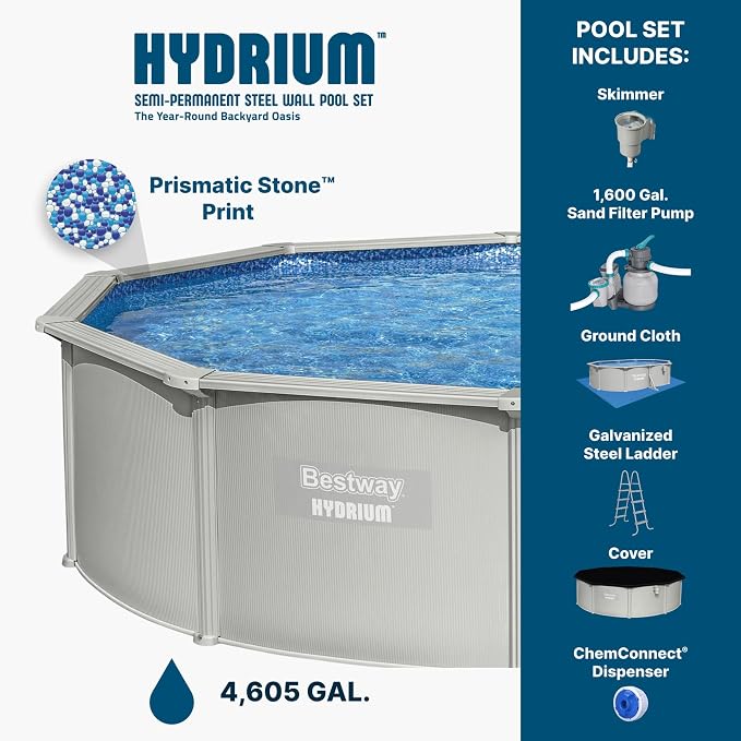 Bestway Hydrium 15' x 48" Above Ground Pool, Round Steel Side Wall Frame Outdoor Swimming Pool Set with Sand Filter Pump, Ladder & Accessories