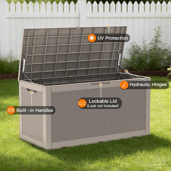 Mars Villa 100 Gallon Outdoor Storage Box, Resin Deck Box Waterproof for Patio Furniture Cushions, Pool Supplies, Gardening Tools, Weatherproof and UV Resistant, Grey