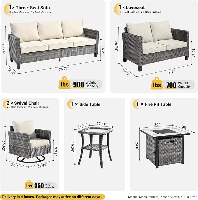 ovios 6 Pieces Patio Furniture Set with Square Fire Pit Table, Swivel Rocking Chairs, Loveseat, Outdoor High Back Wicker Rattan Conversation Set for Deck Porch, Beige