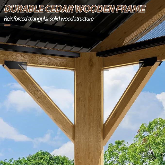 13' x 15' Wood Gazebo, Outdoor Hardtop Gazebo with Netting and Curtains, Cedar Wooden Frame Gazebos with Galvanized Steel Roof for Garden, Patio