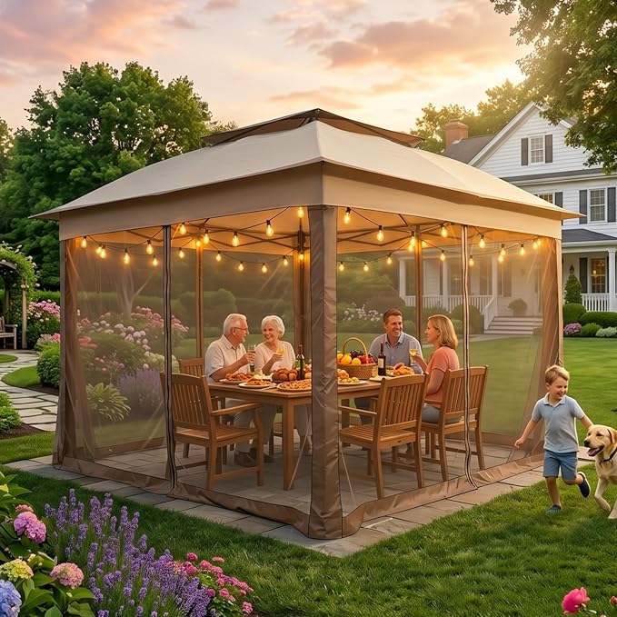 COOS BAY 11x11 Pop Up Gazebo with Mesh Netting, Instant Outdoor Canopy Tent, Water Resistant Shelter with UPF 50+ UV Protection, 121 Sq Ft Coverage, Beige