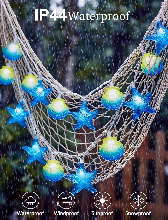 8.5Ft Beach Themed Seashell String Lights, 10 LED Starfish Lights Plug in | 1 Pack Fish Net, Connectable, Hanging Patio Lights UL Listed for Bedroo, Party, Holiday Decor, Indoor Outdoor, ,Wedding