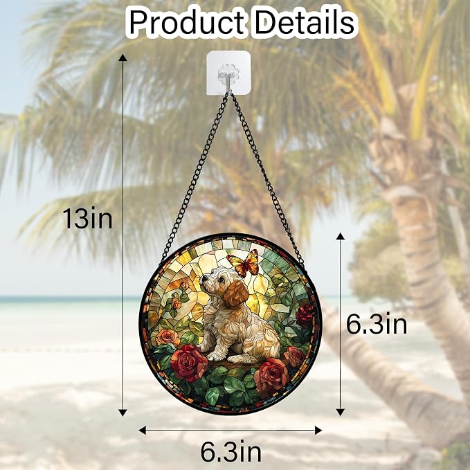 DASTOLL Stained Glass Window Hanging, Cute Dog and Flowers Suncatcher for Doors Home Butterfly Sun Catchers Decoration and Christmas, Mother's Day Birthday Gifts for Women, Men, and Mom 6.3 in