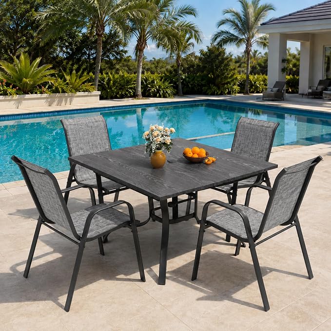 5 Piece Patio Dining Set, Stackable Outdoor Chairs Set of 4 with Textilene Fabric, 37.8" Wood-Grain Square Table with Umbrella Hole for Backyard Lawn Party (1 Table + 4 Chairs) (Grey)