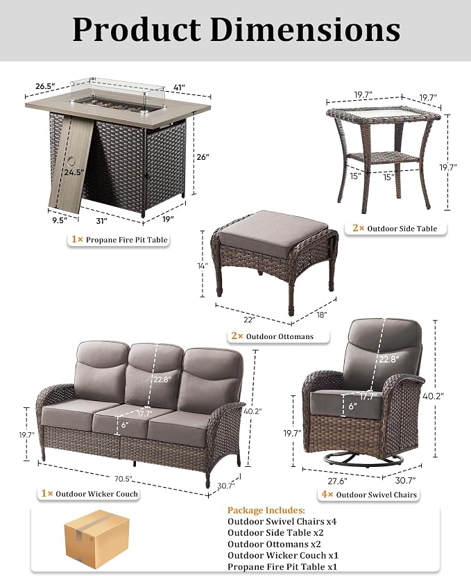 10-Piece Luxury Patio Furniture Set with 42.5" Fire Pit Table, Outdoor Wicker Sofa Couch & Swivel Rocker Chairs with 6-inch Thick Cushion, Conversation Set for Poolside, Deck & Yard - Gray