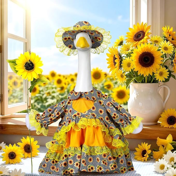 Soulchen 1 Set Sunflower Porch Goose Outfit 23 Inch Summer Cement Goose Clothes Dress and Hat Costume Set for Summer Fall Garden Yard Decor