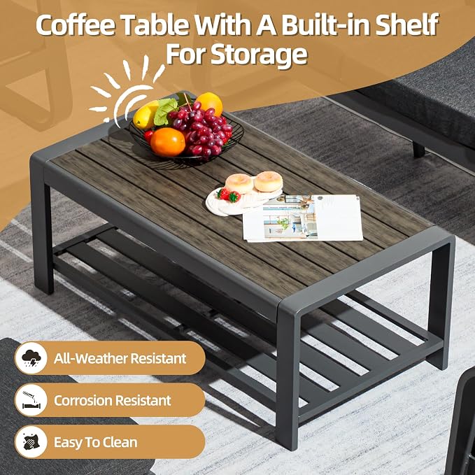 6 Pcs Aluminum Patio Furniture Set with Coffee Table Outdoor Conversation Sofa Set Include Adjustable 3-Seater Sofa, 2 Hydraulic Chair, 2 Ottoman for Balcony, Garden, Poolsid（Gray）