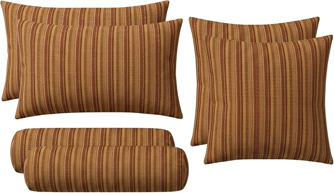 RSH DECOR: 6-Pack Pillow Set | Sunbrella Performance Fabric |Water & Fade-Resistant| 17" Square, 20"x12" Lumbar, 20"x6" Neck Roll | Outdoor Pillows for Patio Furniture | Made in USA (Limelite Teak)