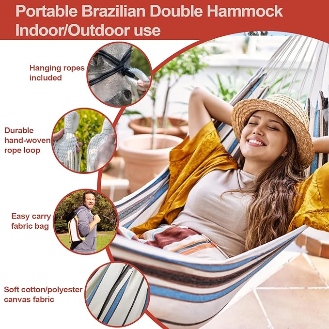 JoyView Brazilian Hammock for Single Person Portable Hammock with Hanging Ropes & Carry Bag Large 78.8x39.4” for Patio 300LBS Capacity Perfect for Outdoor/Indoor - Green Grey Stripes