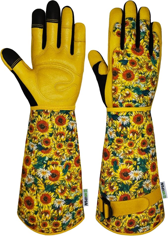 Thornproof Rose&Cactus Gardening Gloves,Gauntlet Garden Glove,Gifts | Canvas,Cute Floral Pattern,Leather Palm,Touchscreen,Durable Material,Garden Gift,Men&Women,Machine Washable,Adjustable Cuff