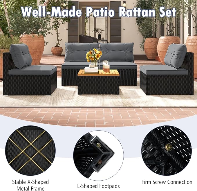 Tangkula 5 Pieces Wicker Patio Furniture Set, Outdoor 4 Armless Rattan Sofa & Coffee Table Set, with Cushions, Acacia Wood Tabletop, Sectional Patio Conversation Set for Lawn, Yard, Poolside, Grey