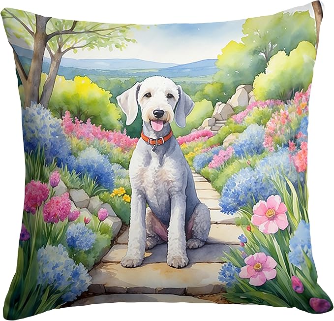 Caroline's Treasures Bedlington Terrier Spring Garden Throw Pillow Machine Washable, Indoor Outdoor Decorative Pillow for Couch, Bed or Patio, 14Hx14W