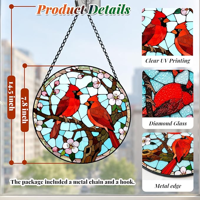 Cardinal Pair Stained Glass Suncatcher Window Hanging Bird Memorial Gift | 7.8in Garden Sun Catcher, Red Cardinals Patio Decor, Gifts for Mom Grandma Bird Lovers & Valentine Day, Christmas Ornaments