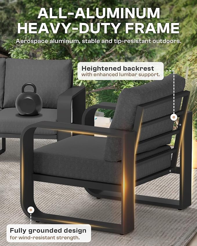 Oversized Aluminum Outdoor Furniture Set, Extra Large Patio Furniture Sofa Set 4.8” Widened Armrest & Ultra-Thick Cushions, 4 Pcs Modern Patio Sectional for Backyard, Deck, Graphite
