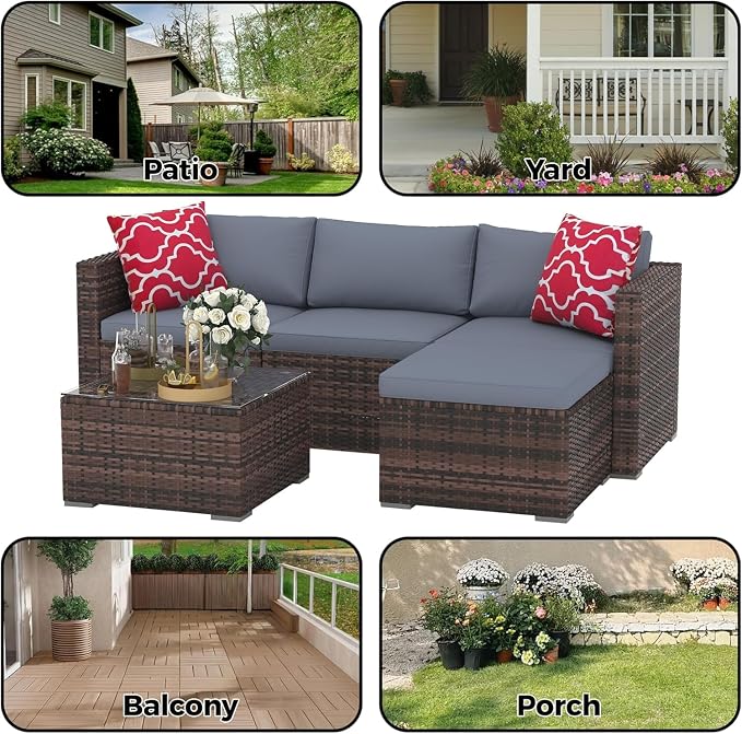 5-Piece Outdoor PE Wicker Patio Furniture Set, Water-Resistant Sectional Sofa With Plush Cushions, Tempered Glass Coffee Table & Ottoman, All-Weather Garden Conversation Set for Porch, Backyard, Grey