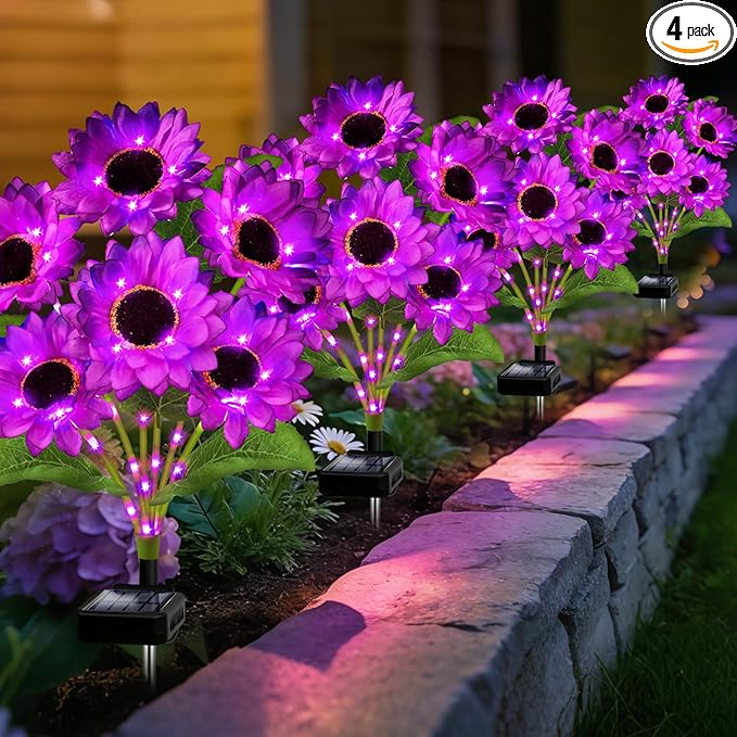 ANGMLN Solar Garden Lights 4 Pack 24 Solar Sunflower Lights, Waterproof Solar Purple Flower Light for Outdoor Decoration, Decorative Stakes for Yard,Landscape,Patio,Gifts for Women