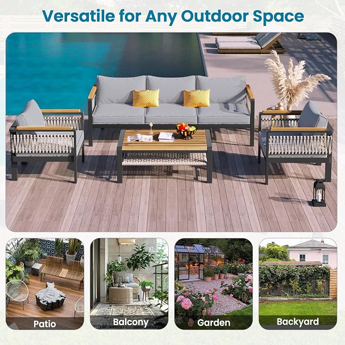 VilroCaz 4 Pieces Outdoor Sectional Sofa Set, All-Weather Patio Seating Group Cnversation Set with Cushions and Coffee Table for Patios Gardens Balcony, Sturdy Steel Frame (Grey+Metal & Wood)