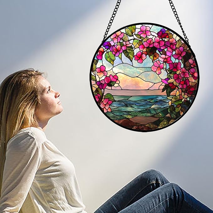 Stained Glass Window Hanging, Purple Flower Landscape Wreath Sun Catcher for Door Home Decor Plants Suncatcher Christmas Mother's Day Birthday Gifts for Women Men Mom Nana 9.8 in