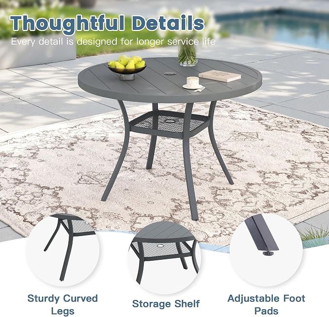 DIFY 5 Pieces Outdoor Patio Dining Set, 4 Grey Padded Textilene Swivel Dining Chairs and 40.6" Grey Round Dining Table, Metal Outdoor Table and Chairs for Poolside Backyard Deck