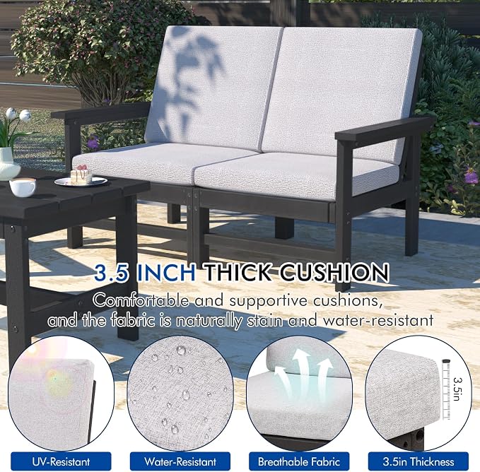 3-Piece HDPE Patio Furniture Set, All-Weather Outdoor Sectional Sofa Set with Coffee Table & Cushions - Wood-Like Composite Conversation Couch for Deck, Lawn, Balcony - Black Frame