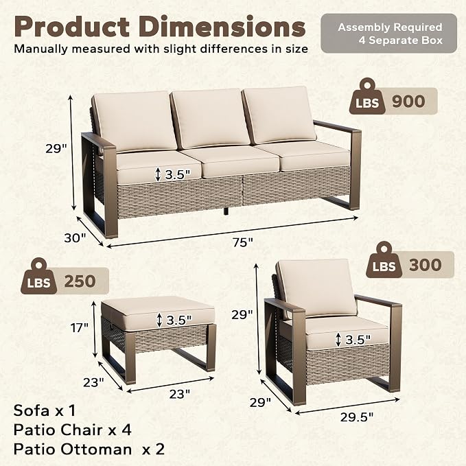 7 Pieces Metal Wicker Patio Furniture Set - 75" Sofa, Four Armchairs and Two Ottomans, All Weather Rattan Outdoor Conversation Furniture with Washable Cushion for Deck Porch, Beige