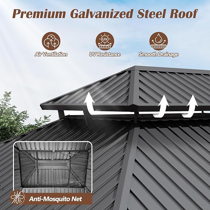 11' x 13' Upgraded Wood Gazebo, Spruce Wood Hardtop Gazebo with Double Galvanized Steel Roof, Outdoor Wooden Pavilion for Deck, Backyard