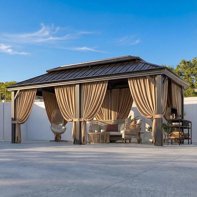 HOTEEL 12x20 Gazebo on Clearance with Metal Roof & Drainage System, Heavy Duty Hardtop Gazebo with Flame-Retardant Curtain & Netting, Outdoor Gazebos with Galvanized Steel Double Roof for Patio, Party