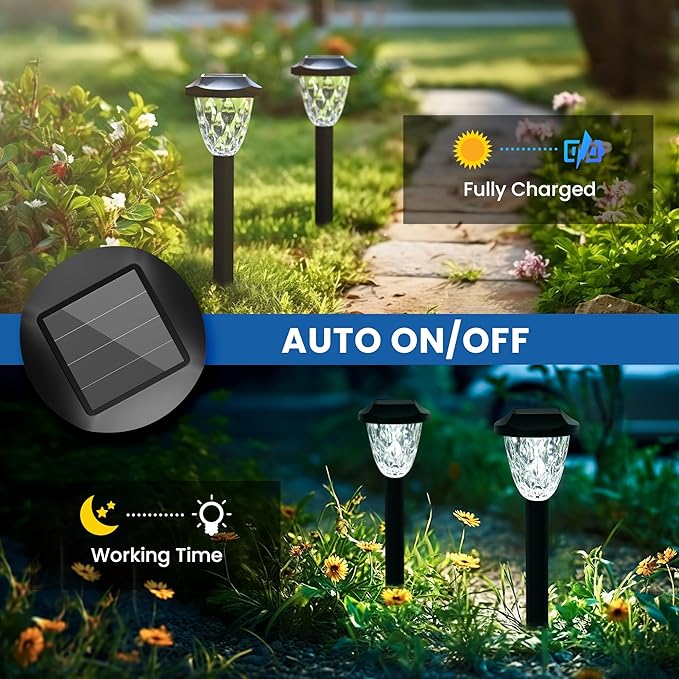 GIGALUMI Solar Pathway Lights, Outdoor Waterproof, Auto On/Off, LED, White, 14 Count, Modern, Classic Style, Crystal, Highly Efficient, Patio, Yard, Landscape, Walkway