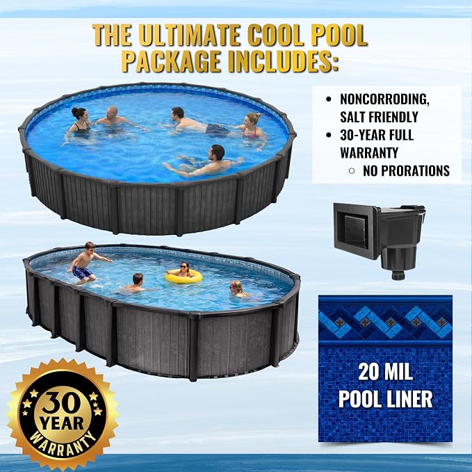 18x33 FT 54-Inch Oval Above Ground Swimming Pool Kit | Saltwater Friendly Aluminum Wall Pool Set with Heavy Duty Premium Resin Top Rails & Uprights | Includes 20 Mil Overlap Liner, Skimmer & Return