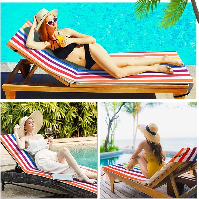 Fumete 2 Pack Lounge Chair Covers 30 x 85 Inch Pool Chaise Lounge Towels Microfiber Beach Chair Towel Portable Striped Outdoor Patio Furniture Cover for Sunbathing Picnic Spa(Rainbow)