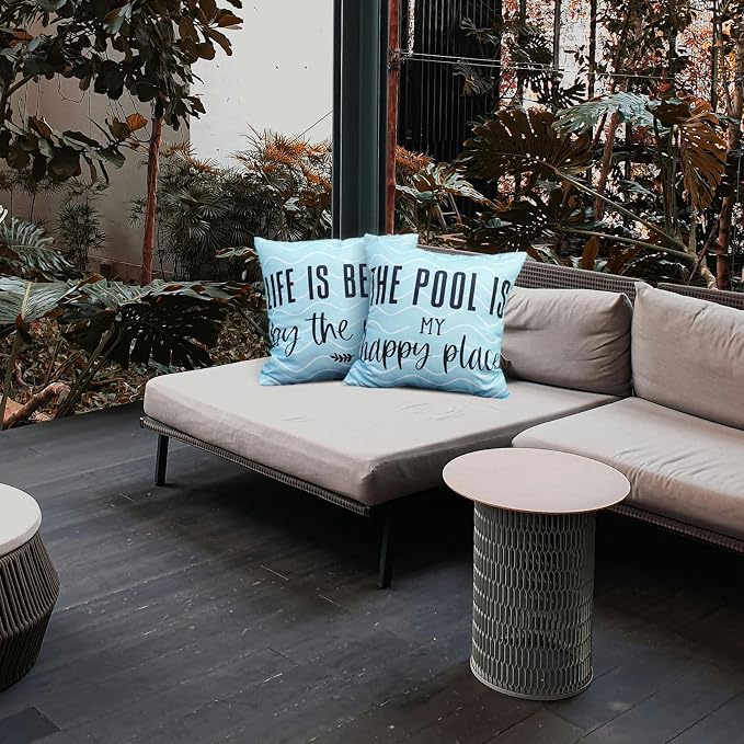 TAJWE Outdoor Pillow Covers 18x18 Inch Set of 2 Wave Life is Better by The Pool Blue Waterproof Decorative Throw Pillowcases Farmhouse Square Cushion Cases for Patio Furniture Garden Bench Porch Decor