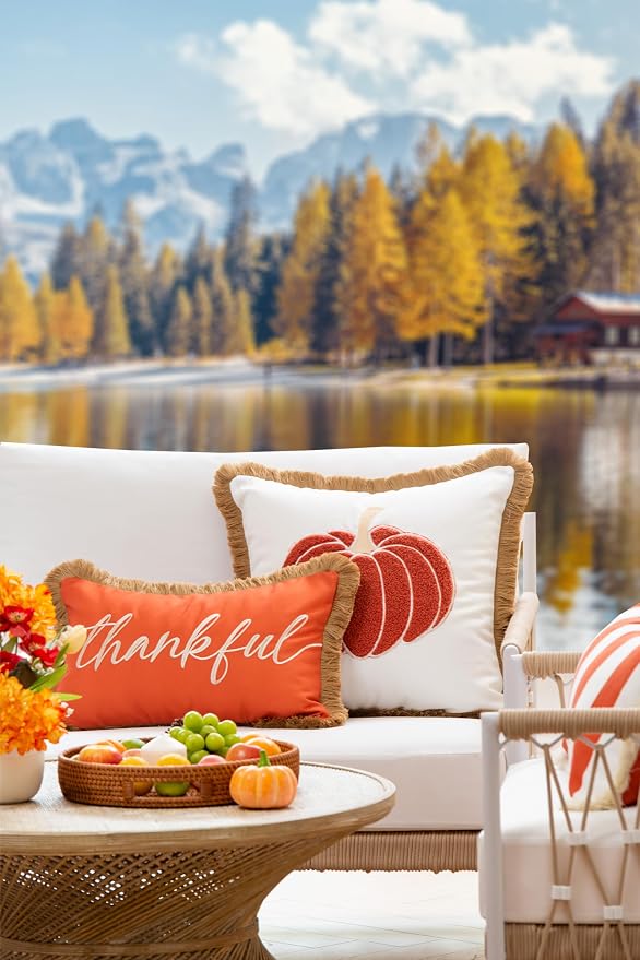 Hofdeco Premium Fall Coastal Patio Indoor Outdoor Lumbar Pillow Cover Only, 12"x20" Water Repellent for Backyard, Couch, Rust Orange Embroidered Thankful with Fringed Trim