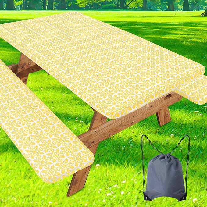 misaya Picnic Table Cover with Bench Cover, Waterproof Elastic Fitted Tablecloth for 8 Foot Tables, Rectangle Washable Polyester Tablecloths for Picnic, Camping, Outdoor (Yellow, 30" x 96")