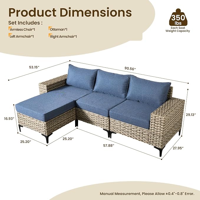 Patio Furniture Set, 4 Pieces Outdoor Wicker Conversation Sets with Coffee Table Outdoor Sectional Sofa for Balcony Backyard Poolside Garden Lawn (Blue)