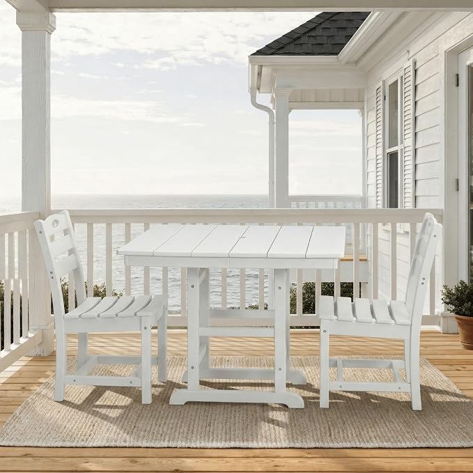 KEIKI 3-Piece HDPE Patio Dining Set Bistro Table Chairs for Porch Deck Lawn Modern Durable All-Weather Coffee Square Table, Compact 2-Person Small Space Easy Cleaning Outdoor Living Bistro Set, White