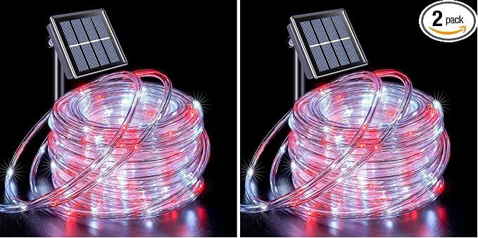 JMEXSUSS 200 LED Solar Rope Lights, 72ft IP 65 Outdoor Waterproof Christmas Lights with 8 Modes, Red and White for Fence Yard Walkway (Pack of 2)