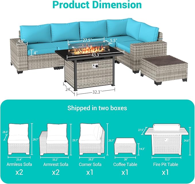 7-Piece Outdoor Patio Furniture Set with 55,000 BTU Fire Pit Table, PE Wicker Rattan Sectional Sofa Set Patio Conversation Set with Coffee Table, Turquoise