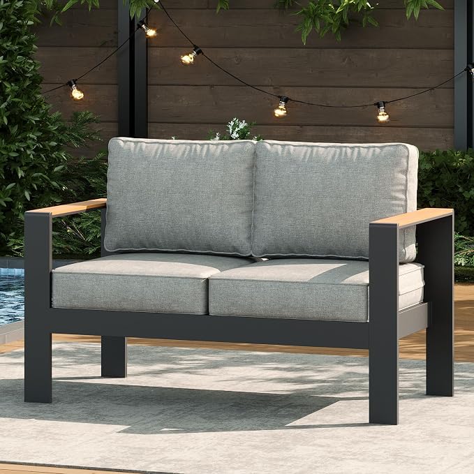LayinSun Aluminum Outdoor Furniture Set 2 Seat Loveseat, Outside Patio Deep Seating Conversation Set with Upgraded Washable Thick Cushion