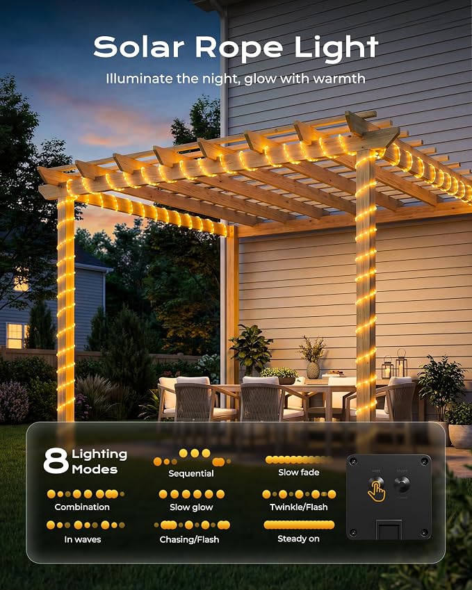 Brightown 4 Pack 39FT 100LED Warm White Solar Rope Lights Waterproof | IP65 waterproof solar fairy lights with 8 lighting modes, solar powered, perfect decor for yard, garden and outdoor tree