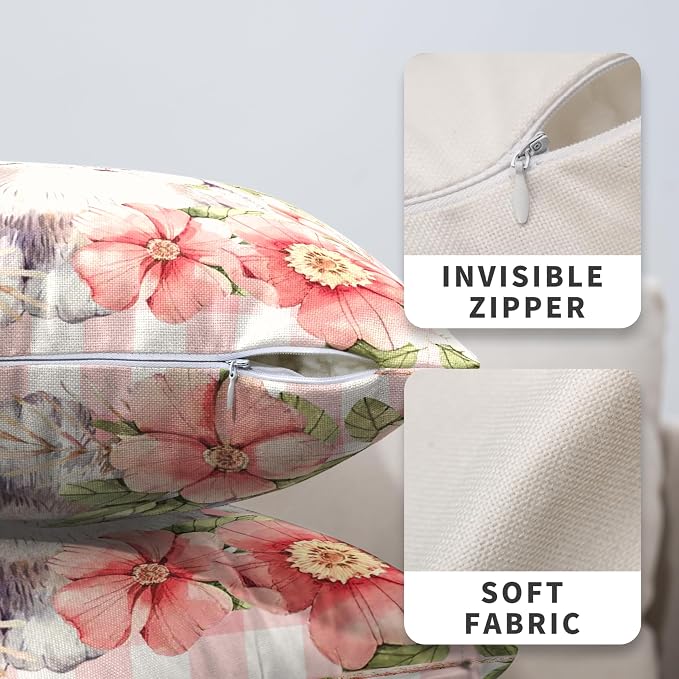 Easter Bunny Pillow Covers 22x22 Set of 2 Spring Floral Decorative Pillowcase Cute Rabbit Cotton Linen Cushion Case Pink Plaid Throw Pillow Covers for Sofa Patio Outdoor
