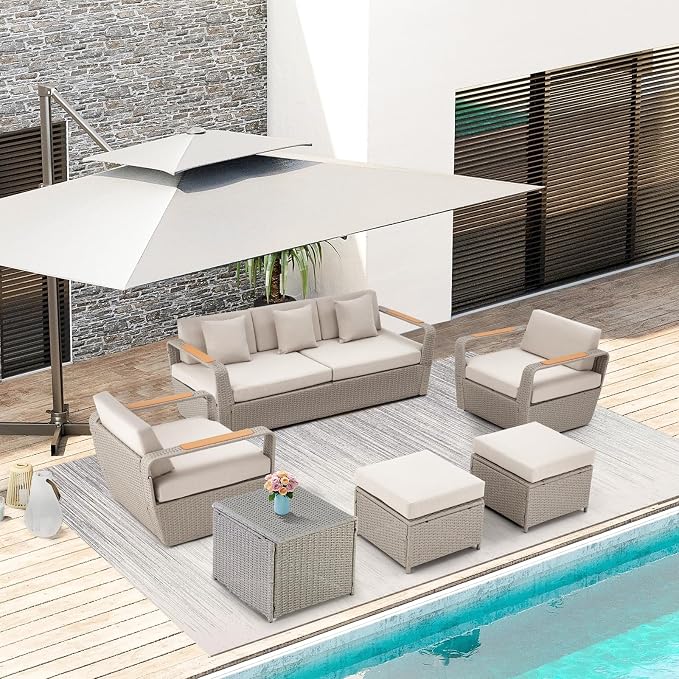 HOMREST Patio Furniture Set, Oversized 7-Seat Outdoor Sectional with Ottoman and Coffee Table, Wicker Rattan Patio Sofa Set with 5" Thick Removable Cushions for Garden, Porch, Backyard, Light Gray
