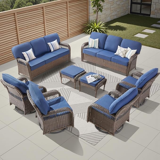 8 Pieces Wicker Patio Furniture Set, Wicker Swivel Rocker Patio Chairs 3 Seater Sofa with Ottomans Rattan Side Table, Outdoor Conversation Furniture Set for Balcony Sunroom Yard, Blue