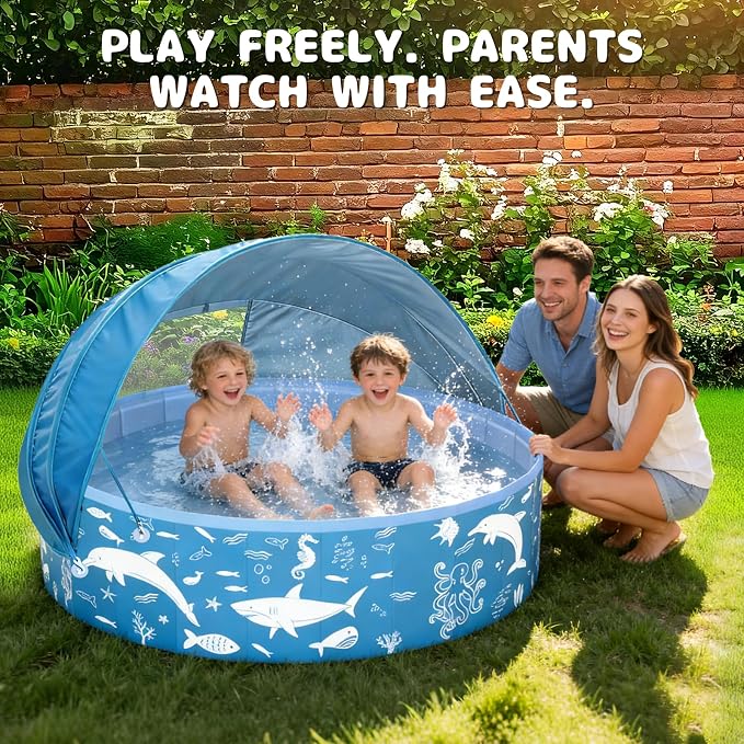 63” Extra Large Kiddie Pool with Canopy, EPN UPF 50+ Sun Shade Baby Pool, No Inflation Foldable Toddler Pool for Backyard Outdoor & Beach, Portable Thickened PVC BPA-Free Kids Water Play Pool, Blue