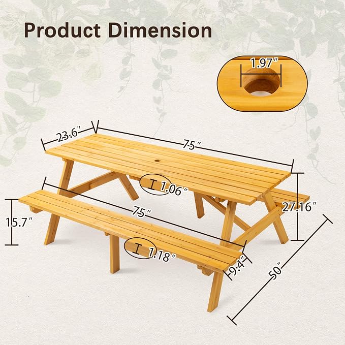75'' Rectangular Outdoor Dining Table Wooden Patio Dining Table & 2 Built-in Bench for 8, 2" Umbrella Hole, Suitable for Backyard Garden Porch, Natural