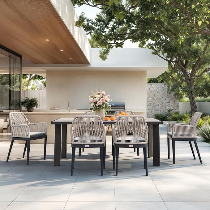 PURPLE LEAF 7 Pieces Patio Dining Set Aluminum Modern Rectangular Table and Rattan Arm Chairs with Cushions for Kitchen Porch Garden Outdoor Furniture Sets, Beige and Dark Grey