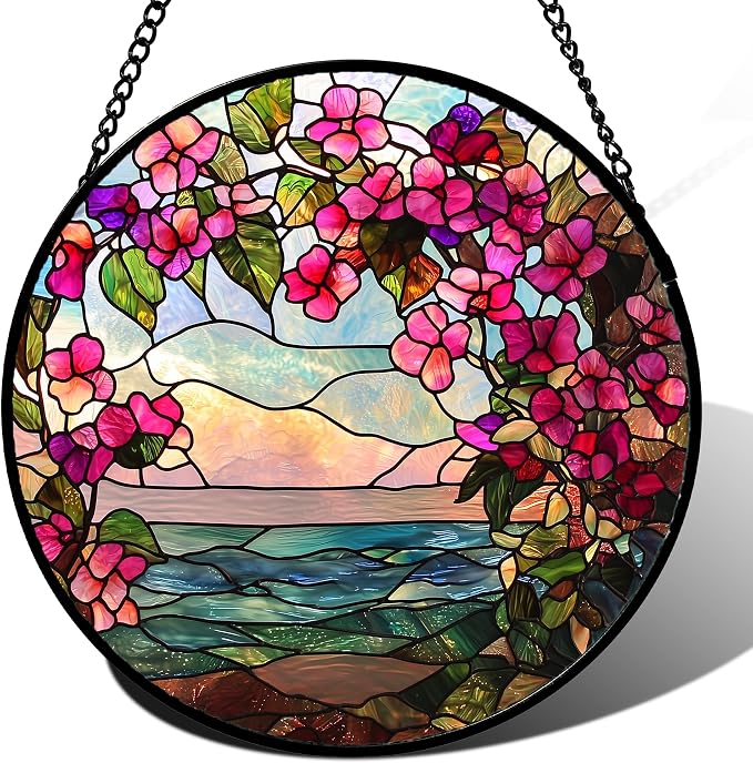 Stained Glass Window Hanging, Purple Flower Landscape Wreath Sun Catcher for Door Home Decor Plants Suncatcher Christmas Mother's Day Birthday Gifts for Women Men Mom Nana 9.8 in
