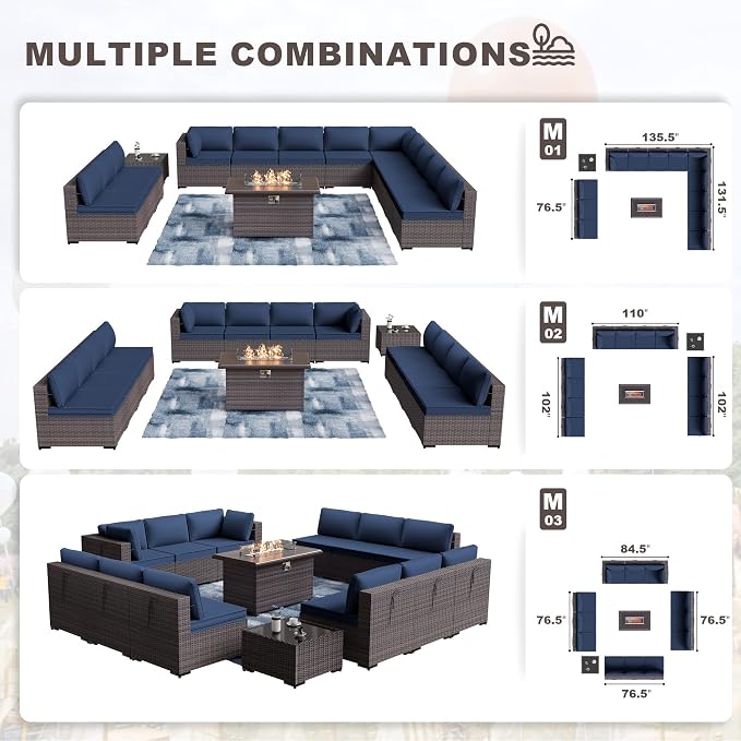 Kurapika 14 Pieces Patio Furniture Set, Rattan Wicker Outdoor Conversation Sets w/43in Propane Fire Pit Table and 4 Inch Cushion(Navy Blue)