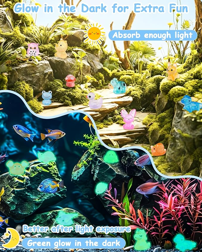 FIVEIZERO 100PCS Luminous Mini Resin Animals Bulk, 20 Styles | Waterproof, Fade-resistant, Non-toxic, Smooth Edges, Fairy Garden Decor, Aquarium Accents, Party Favor Fillers