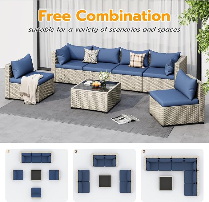 UDPATIO Outdoor Patio Furniture Set, 7 Pcs PE Wicker Sectional Sofa with Tea Table, Outdoor Conversation Set for Patio, Garden, Backyard (Blue Cushions with Light Grey Rattan)