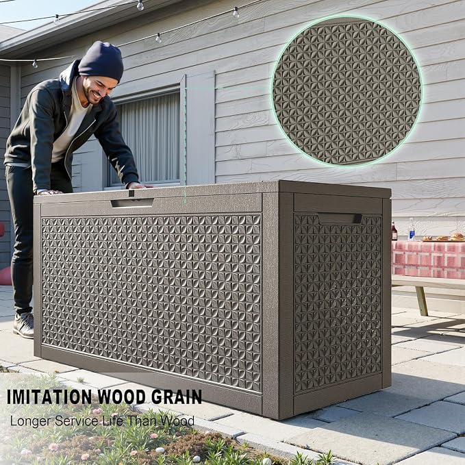 PatioZen 121 Gallon Deck Boxes Outdoor Waterproof, Weatherproof Outdoor Storage Boxes Lockable for Patio Furniture, Pool Supplies,Garden Tools(Grey)